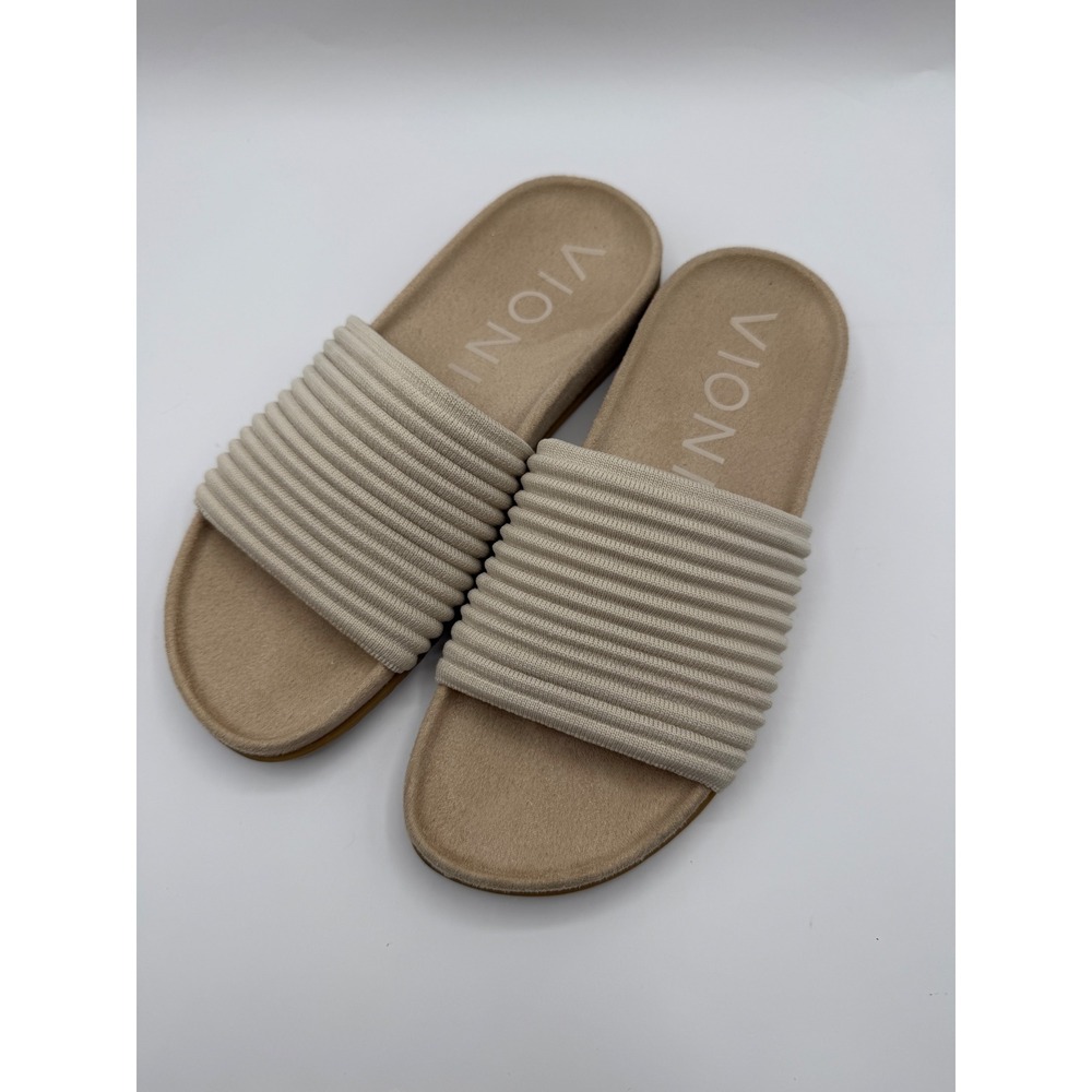 Vionic Evie Knit Slide Sandals Womens 7 Cream Ribbed Comfort Arch Support Shoes
